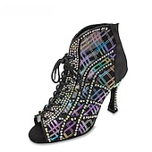 abordables Bottines de danse-Chaussures de danse latine à lacets et strass pour femmes – Sandales à talons hauts pailletés pour salsa, soirées et compétitions