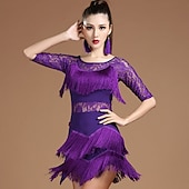 economico Abbigliamento balli latino-americani-Abito da ballo latino in pizzo con frange e nappe a strati performance di allenamento da donna mezza manica in pizzo naturale in fibra di latte