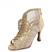 abordables Bottines de danse-Chaussures de danse latine à lacets et strass pour femmes – Sandales à talons hauts pailletés pour salsa, soirées et compétitions