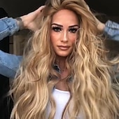 abordables Perruques Synthétiques Sans Bonnet-perruques blondes pour femmes perruque synthétique bouclés vague de corps coupe de lutin perruque cheveux synthétiques longs blonds clairs 30 pouces conception à la mode des femmes parti moelleux