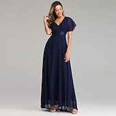 abordables Mariage Décontracté / de Jour-Robe de mariage en A-line froncée élégante pour les invitées de mariage mariage à la plage formelle cravate noire pour demoiselles d&#039;honneur longueur de sol manches courtes décolleté en V chiffon dos
