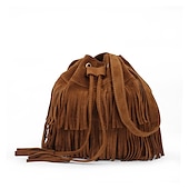 economico Borse a Tracolla-Borsa a secchiello con frange in pelle scamosciata da donna – borsa a tracolla con coulisse in stile boho per festival musicali, uscite informali e gite del fine settimana