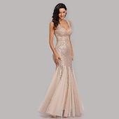 abordables Robes de fête-Robe de soirée sirène dorée en sequins pour les invités de mariage tenue de fête longueur au sol sans manches décolleté en V masque robe à impressionner