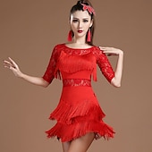 economico Abbigliamento balli latino-americani-Abito da ballo latino in pizzo con frange e nappe a strati performance di allenamento da donna mezza manica in pizzo naturale in fibra di latte