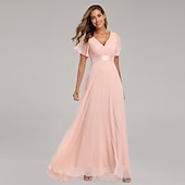 abordables Mariage Décontracté / de Jour-Robe de mariage en A-line froncée élégante pour les invitées de mariage mariage à la plage formelle cravate noire pour demoiselles d&#039;honneur longueur de sol manches courtes décolleté en V chiffon dos