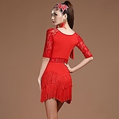 economico Abbigliamento balli latino-americani-Abito da ballo latino in pizzo con frange e nappe a strati performance di allenamento da donna mezza manica in pizzo naturale in fibra di latte