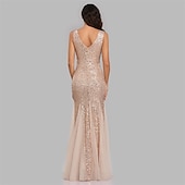 abordables Robes de fête-Robe de soirée sirène dorée en sequins pour les invités de mariage tenue de fête longueur au sol sans manches décolleté en V masque robe à impressionner