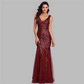 abordables Robes de fête-Robe de soirée sirène dorée en sequins pour les invités de mariage tenue de fête longueur au sol sans manches décolleté en V masque robe à impressionner