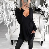 preiswerte Einfarbiges T-Shirt-Damen T Shirt Tunika Schwarz Weiß Rosa Einfarbig Tasche Langarm Casual Täglich Basic V Ausschnitt Standard Lockere Passform S