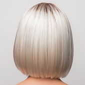 baratos peruca mais velha-Perucas sintéticas Liso Prumo Peruca Curto Cinza prateado Branco Cabelo Sintético Mulheres Design de moda Cabelo com Luzes / Reflexos Requintado Prateado