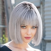 baratos peruca mais velha-Perucas sintéticas Liso Prumo Peruca Curto Cinza prateado Branco Cabelo Sintético Mulheres Design de moda Cabelo com Luzes / Reflexos Requintado Prateado