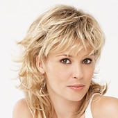 abordables perruque plus âgée-perruques blondes pour femmes perruque synthétique coupe de cheveux en couches bouclés avec une frange perruques courtes avec une frange