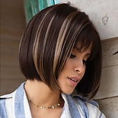 economico parrucca più vecchia-parrucca bionda bob parrucche bionde per le donne parrucca sintetica resistente al calore parrucca bob dritta corta marrone scuro da donna alla moda design evidenziato / parrucche balayage