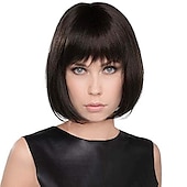 economico Parrucche trendy sintetiche-Liscio Taglio medio corto Frangetta dritta A macchina Parrucca Corto Foto a colori Capelli sintetici Per donna Marrone scuro