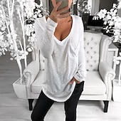 preiswerte Einfarbiges T-Shirt-Damen T Shirt Tunika Schwarz Weiß Rosa Einfarbig Tasche Langarm Casual Täglich Basic V Ausschnitt Standard Lockere Passform S