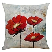 cheap Floral &amp; Plants Style-Set of 4 Artistic Flowers Square Decorative Throw Pillow Cases Sofa Cushion Covers  Home Sofa Decorative  Faux Linen Cushion Cover for Sofa Couch Bed Chair Red