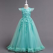 preiswerte Partykleider-Kinder Mädchen bestickte Blumen Kleid Party Hochzeit Urlaub Pailletten Mesh grün blau lila Baumwolle Maxi Kurzarm elegant Prinzessin süß Kleider Sommer Regular Fit 4-13 Jahre
