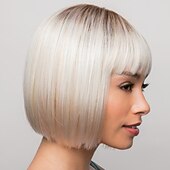 baratos peruca mais velha-Perucas sintéticas Liso Prumo Peruca Curto Cinza prateado Branco Cabelo Sintético Mulheres Design de moda Cabelo com Luzes / Reflexos Requintado Prateado