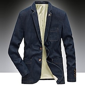 cheap Men's Classic Blazers-Men's Jacket Denim Jacket Jean Jacket Blazer Business Cocktail Attire Solid Colored V Neck Cotton Regular Fit Denim Blue Vintage blue Black Jacket