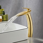 abordables Classiques-Robinet de lavabo de salle de bain cascade avec tuyau d&#039;alimentation, robinet de lavabo monotrou à poignée unique, mitigeur de lavabo à corps incliné commercial