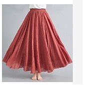 abordables Robes-Femme Balançoire Jupe longue Elégant Eté Maxi Jupes Couleur Pleine Plissé Casual Quotidien Noir Blanche Jaune Rouge Printemps &amp; Automne Coton Coton et lin
