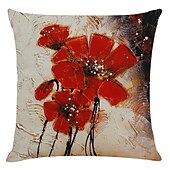 cheap Floral &amp; Plants Style-Set of 4 Artistic Flowers Square Decorative Throw Pillow Cases Sofa Cushion Covers  Home Sofa Decorative  Faux Linen Cushion Cover for Sofa Couch Bed Chair Red