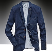 cheap Men's Classic Blazers-Men's Jacket Denim Jacket Jean Jacket Blazer Business Cocktail Attire Solid Colored V Neck Cotton Regular Fit Denim Blue Vintage blue Black Jacket