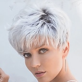 economico parrucca più vecchia-parrucche bianche per le donne parrucca sintetica arricciatura sciolta breve bob parrucca corta grigio argento capelli sintetici design alla moda da uomo fresco squisito argento nero partito