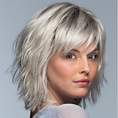 economico parrucca più vecchia-parrucche bionde per le donne pixie cut parrucca sintetica soffice breve grigio argento parrucche con la frangetta parrucche di capelli ombre parrucche naturali opache