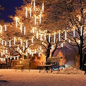 abordables Guirlandes lumineuses à brancher-4 pack pluie de météores guirlandes lumineuses 50cm lumières de noël en plein air décorations extérieures 100-240v 32 tubes 960led guirlandes étanches pour noël fête de mariage arbres de noël mariage de vacances
