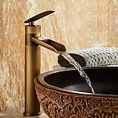 economico Classici-miscelatore per lavabo da bagno a cascata alto, rubinetti per lavabo monocomando in ottone anticato con tubo freddo e caldo