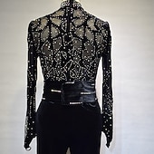 preiswerte Eiskunstlaufkleider-Eiskunstlaufkleid Damen Mädchen Eislaufen Kleider Austattungen Schwarz Elasthan Hochelastisch Ausbildung Wettbewerb Eiskunstlaufkleidung Handgemacht Volltonfarbe Kristalle Langarm Eislaufen