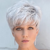 economico parrucca più vecchia-parrucche bianche per le donne parrucca sintetica arricciatura sciolta breve bob parrucca corta grigio argento capelli sintetici design alla moda da uomo fresco squisito argento nero partito
