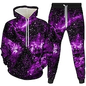 economico Set di Felpe 3D da Uomo-Per uomo 3D Stampa galassia stellata 2 pezzi Set di felpe 3D Tuta Felpe con cappuccio Manica Lunga Pantaloni lunghi Con Cappuccio Stampa 3D Casual Quotidiano Tasca Frontale Vino Blu Reale Viola