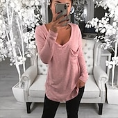 preiswerte Einfarbiges T-Shirt-Damen T Shirt Tunika Schwarz Weiß Rosa Einfarbig Tasche Langarm Casual Täglich Basic V Ausschnitt Standard Lockere Passform S
