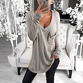 preiswerte Einfarbiges T-Shirt-Damen T Shirt Tunika Schwarz Weiß Rosa Einfarbig Tasche Langarm Casual Täglich Basic V Ausschnitt Standard Lockere Passform S