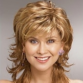 abordables perruque plus âgée-perruques blondes pour femmes perruque synthétique coupe de cheveux en couches bouclés avec une frange perruques courtes avec une frange