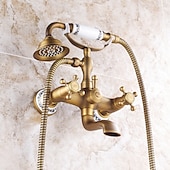 cheap Bathtub Faucets-Bathroom Sink Faucet,Brass Telephone Shape Wall Installation Widespread Pull-out Country Style Electroplated Copper Finish Two Handles Bathtub Faucet with Handshower and Drain