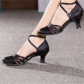 ieftine Pantofi Dans Clasic &amp; Modern-pantofi de dans din satin negru de damă – tocuri latine cu bretele încrucișate elegante, cu inserții din plasă și închidere cu cataramă – ideali pentru performanță și dans social