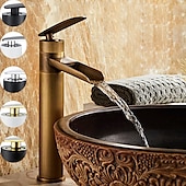 economico Classici-miscelatore per lavabo da bagno a cascata alto, rubinetti per lavabo monocomando in ottone anticato con tubo freddo e caldo
