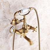 cheap Bathtub Faucets-Bathroom Sink Faucet,Brass Telephone Shape Wall Installation Widespread Pull-out Country Style Electroplated Copper Finish Two Handles Bathtub Faucet with Handshower and Drain