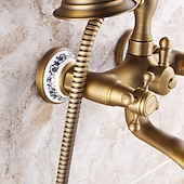 cheap Bathtub Faucets-Bathroom Sink Faucet,Brass Telephone Shape Wall Installation Widespread Pull-out Country Style Electroplated Copper Finish Two Handles Bathtub Faucet with Handshower and Drain