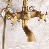 cheap Bathtub Faucets-Bathroom Sink Faucet,Brass Telephone Shape Wall Installation Widespread Pull-out Country Style Electroplated Copper Finish Two Handles Bathtub Faucet with Handshower and Drain