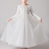 preiswerte Kleider für die Blumenmädchen-Blumenmädchenkleid Mädchen Kleid Prinzessinenkleid Party Kleid Formal Hochzeit Party Elegant Kuschelig Ausgefallene Kindertag Gitter Blumen Langarm Rundhalsausschnitt Beige Weiß