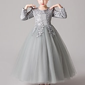preiswerte Kleider für die Blumenmädchen-Blumenmädchenkleid Mädchen Kleid Prinzessinenkleid Party Kleid Formal Hochzeit Party Elegant Kuschelig Ausgefallene Kindertag Gitter Blumen Langarm Rundhalsausschnitt Beige Weiß