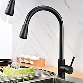 abordables Grifo pulverizador desmontable-Grifo mezclador de fregadero de cocina con rociador extraíble negro, grifos de cocina de un solo mango giratorios 360 montados en cubierta, grifo de fregadero de cocina de latón de un orificio grifos de recipiente de agua