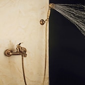 baratos Acessórios de banho ao ar livre-conjunto de torneira de chuveiro, montagem fora de latão antigo/latão/amarelo estilo vintage de dupla cabeça, torneira de chuveiro de latão com chuveiro de chuva/chuveiro de mão/bodysprays/drenagem