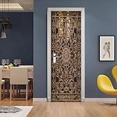 abordables Pegatinas para puertas-Pegatinas de puerta creativas autoadhesivas de puerta de hierro forjado dorado, pegatinas de pared impermeables decorativas diy para el hogar, 77*200cm para dormitorio y sala de estar