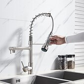 economico Rubinetti per lavello-Rubinetto da cucina, doccetta estraibile montata sul ponte in ottone cromato Rubinetti da cucina contemporanei con interruttore caldo e freddo