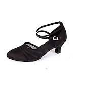 ieftine Pantofi Dans Clasic &amp; Modern-pantofi de dans din satin negru de damă – tocuri latine cu bretele încrucișate elegante, cu inserții din plasă și închidere cu cataramă – ideali pentru performanță și dans social